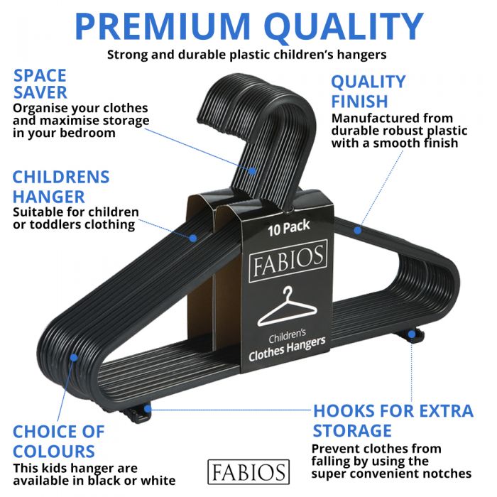 Black Plastic Children's Clothes Hangers with Shoulder Notches 29cm