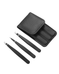 Tweezers Set 3 Piece Professional Stainless Steel Eyebrow Hair Pluckers + Case