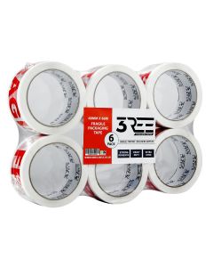 3REE Packaging Tape 48mm x 66m Fragile Pack of 6